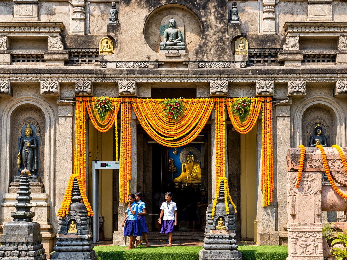Marigold garlands at the Mahabodhi entrance