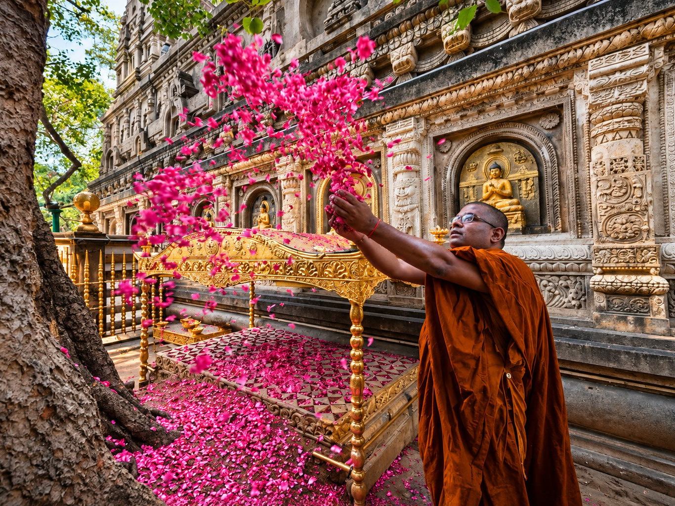 A monk scattering petals beside the Bodhi Tree