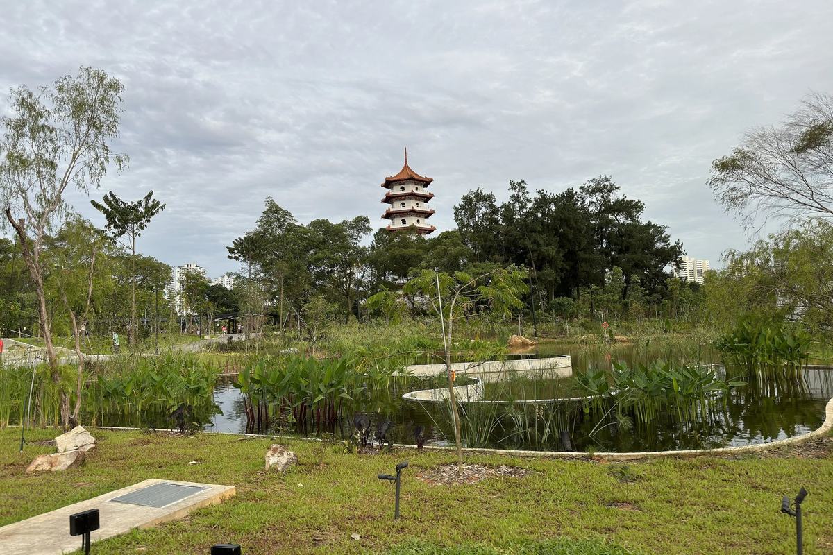 The Chinese Garden pagoda rising above reed-fringed ponds, Singapore