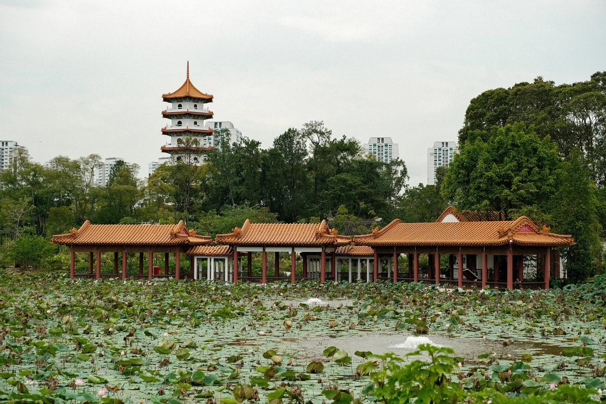 The seven-storey pagoda above the lotus pond and pavilions of the Chinese Garden, Singapore