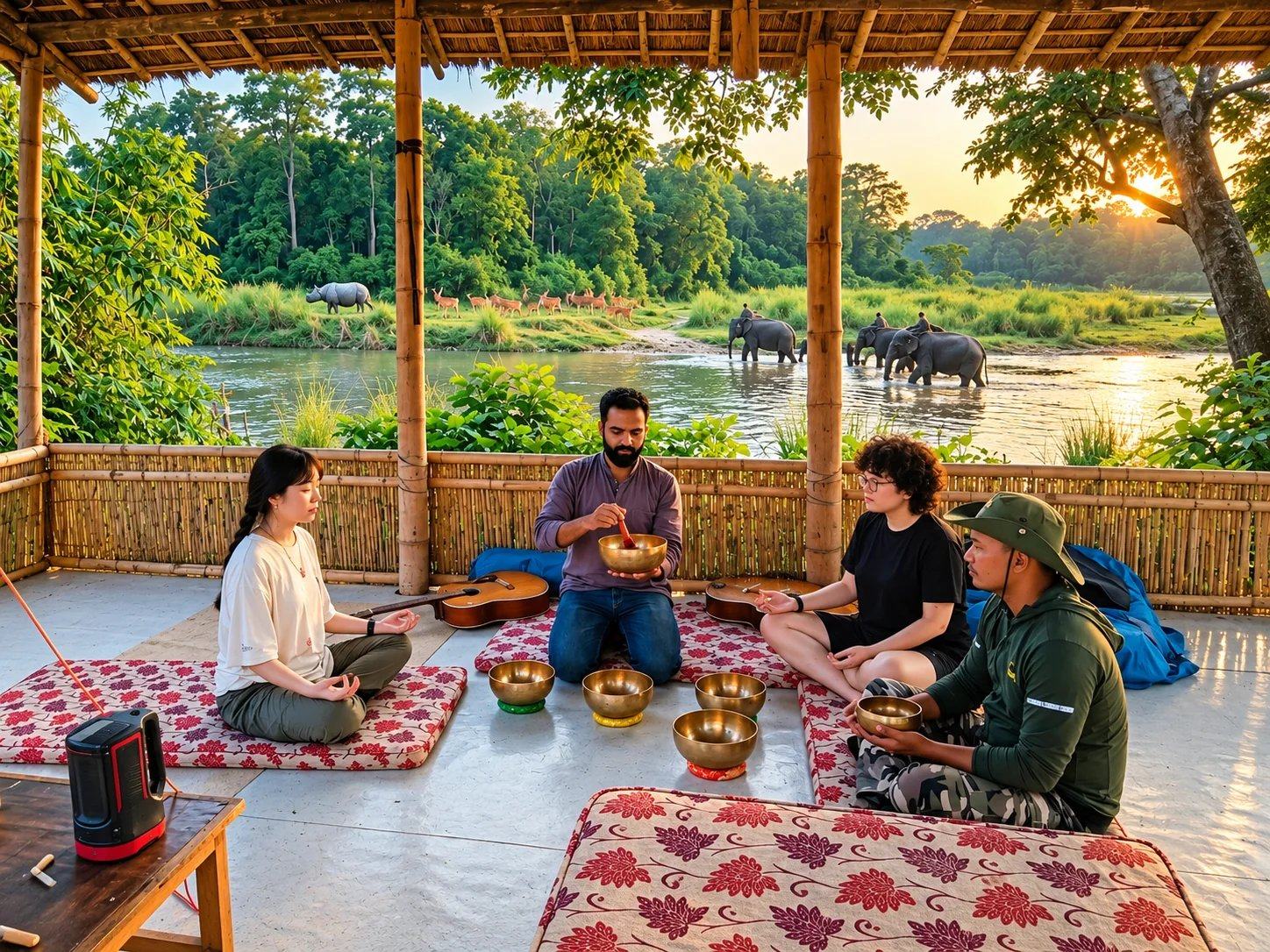 Travellers at a singing bowl session in a riverside pavilion, with elephants bathing in the river beyond, Chitwan, Nepal