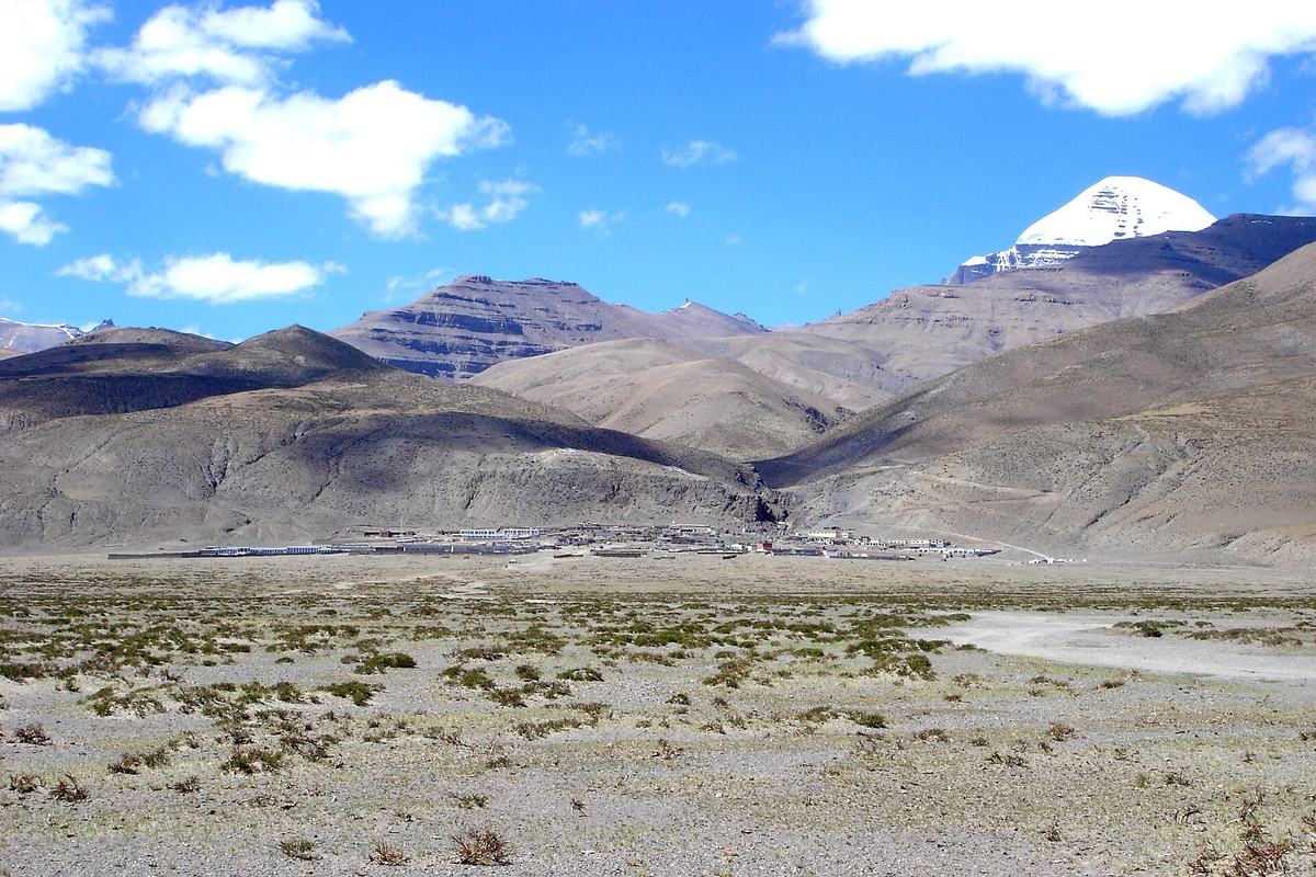Darchen on the plain below the snow summit of Mount Kailash, Ngari, Tibet