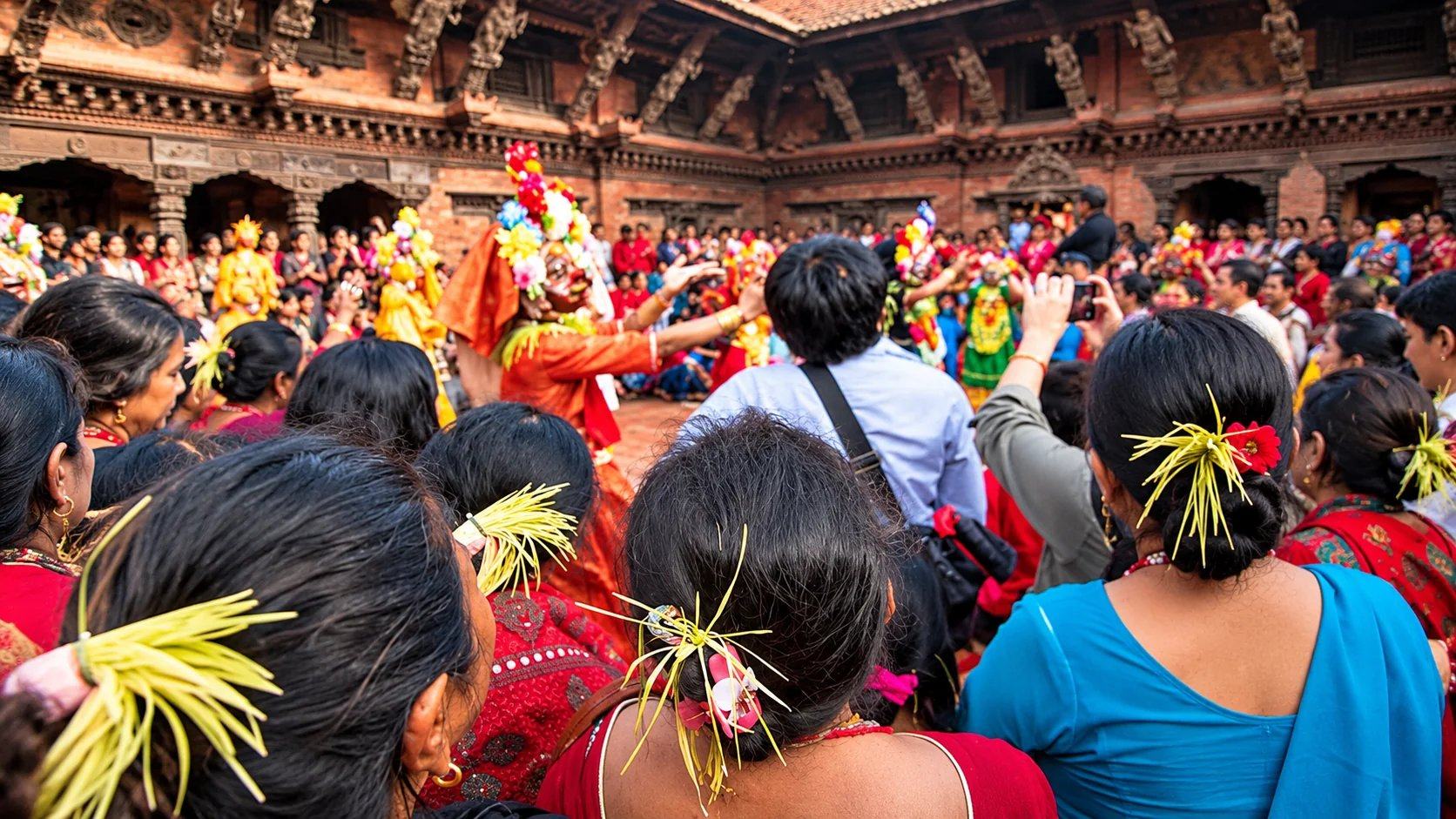 Women with jamara in their hair watching masked dancers in a temple courtyard during Dashain, Kathmandu Valley, Nepal