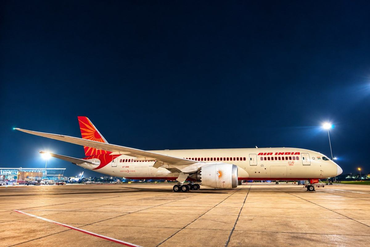 An Air India Boeing 787 on the apron at night, Delhi airport, India