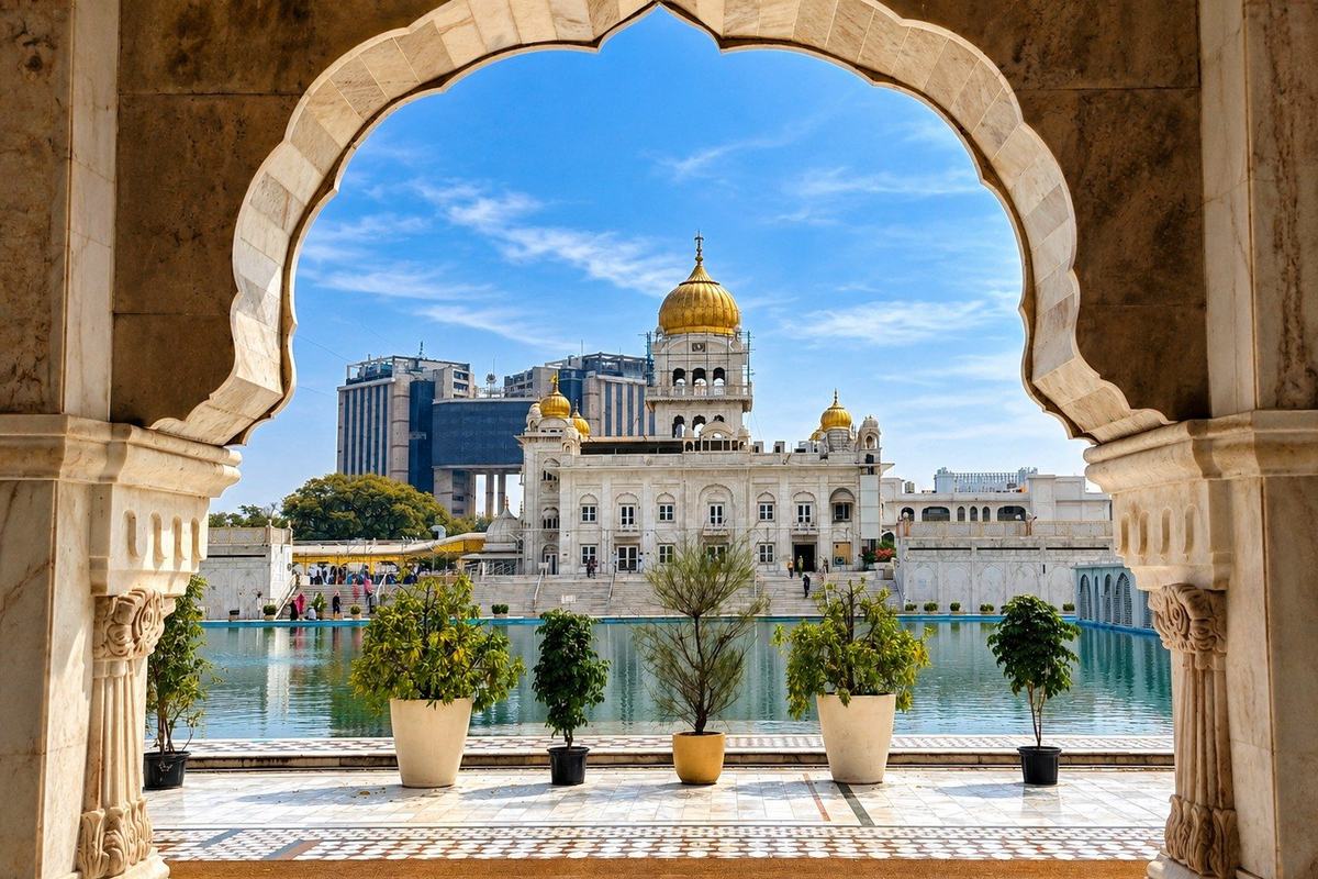 Gurudwara Bangla Sahib through a marble arch, Delhi, India