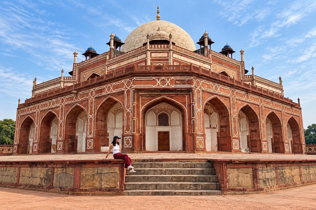 A traveller on the plinth at Humayun's Tomb, Delhi, India