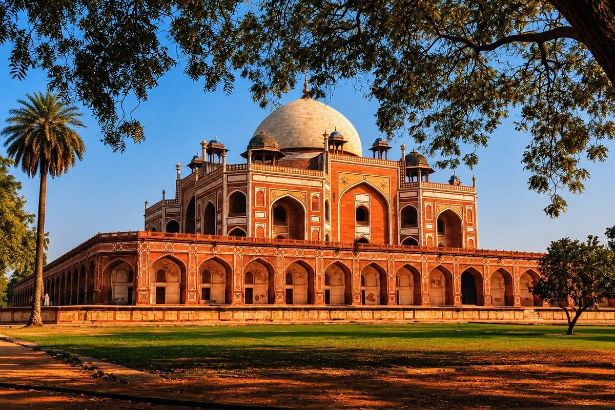 Humayun's Tomb in golden evening light, Delhi, India
