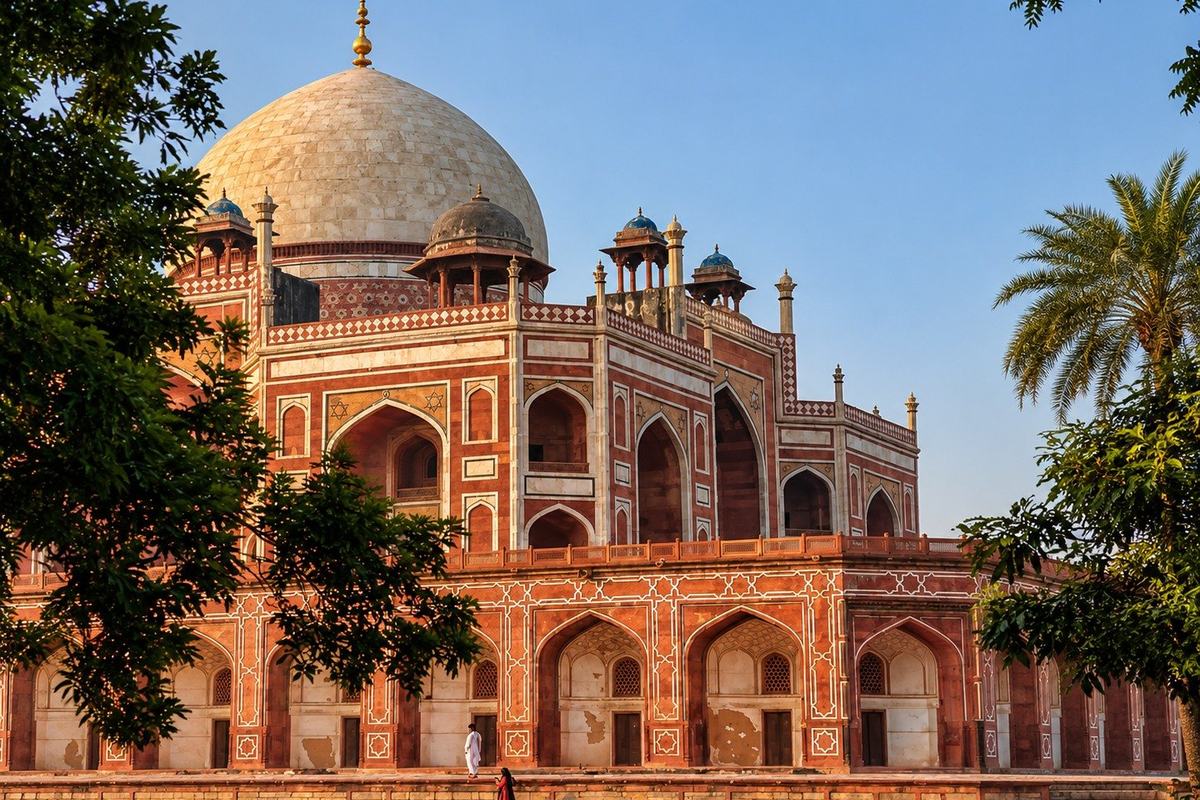 Humayun's Tomb framed by trees, Delhi, India