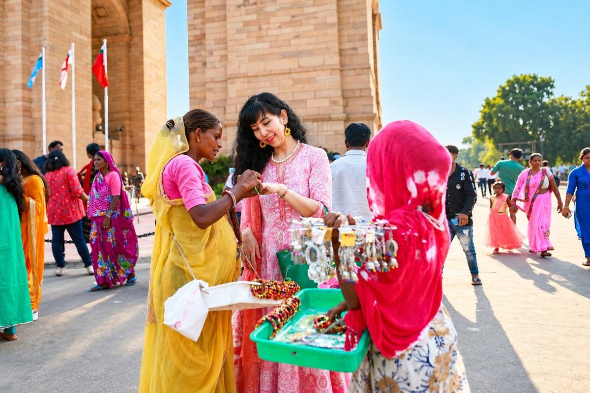 Buying bangles from a vendor at India Gate, Delhi, India