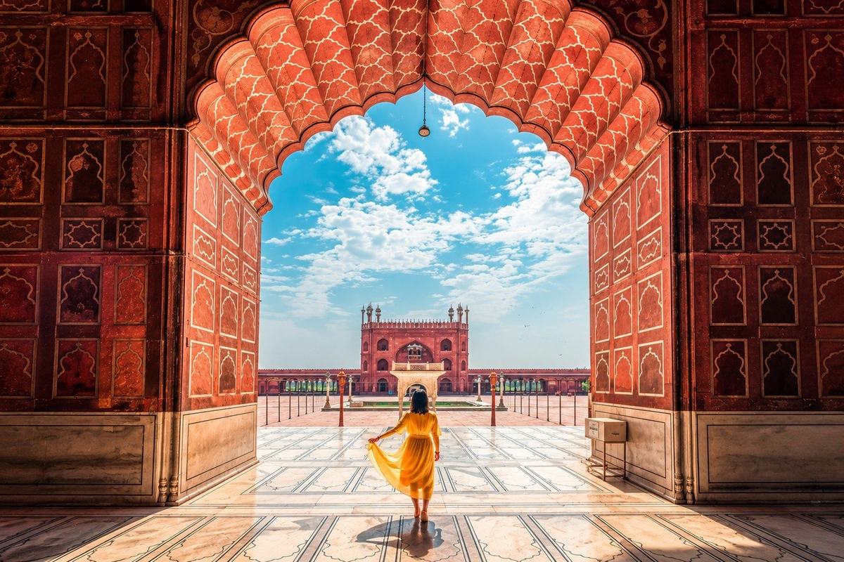 The great arch and courtyard of Jama Masjid, Delhi, India