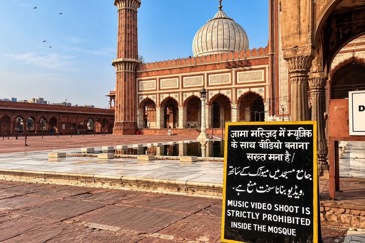 The courtyard and minaret of Jama Masjid, Delhi, India