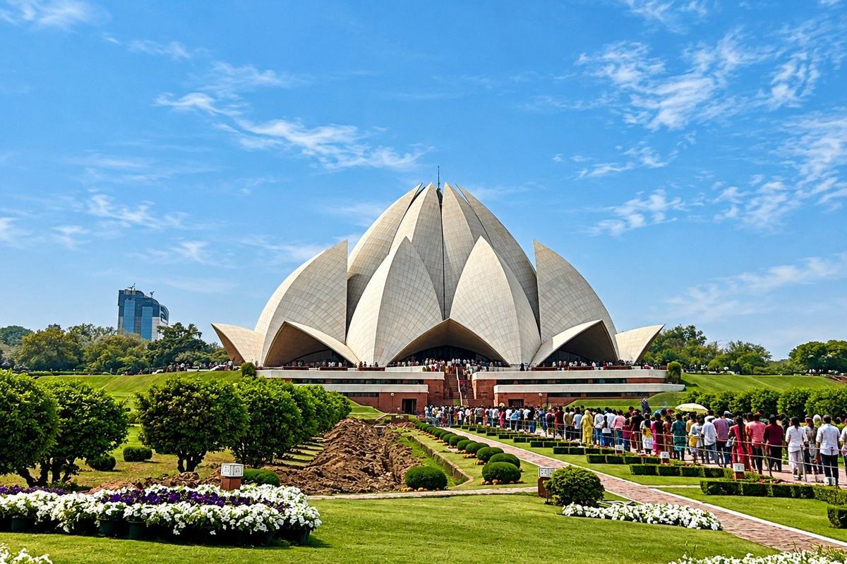 The Lotus Temple with its visitor queue, Delhi, India