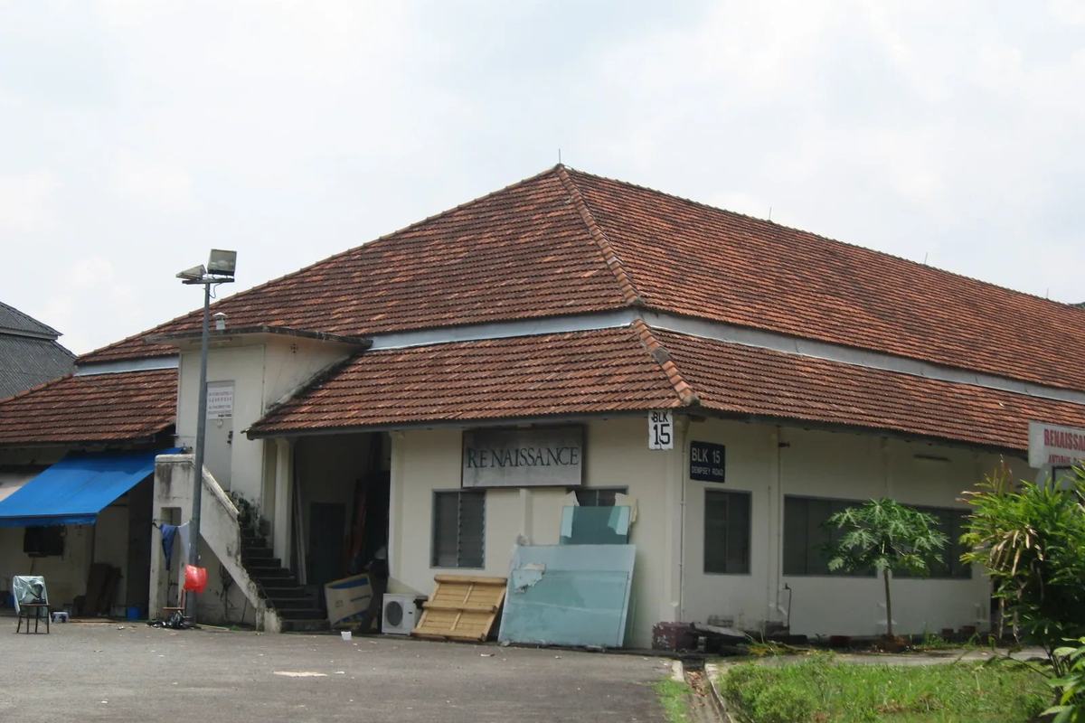 A red-roofed former army barrack block at Dempsey Hill, Singapore