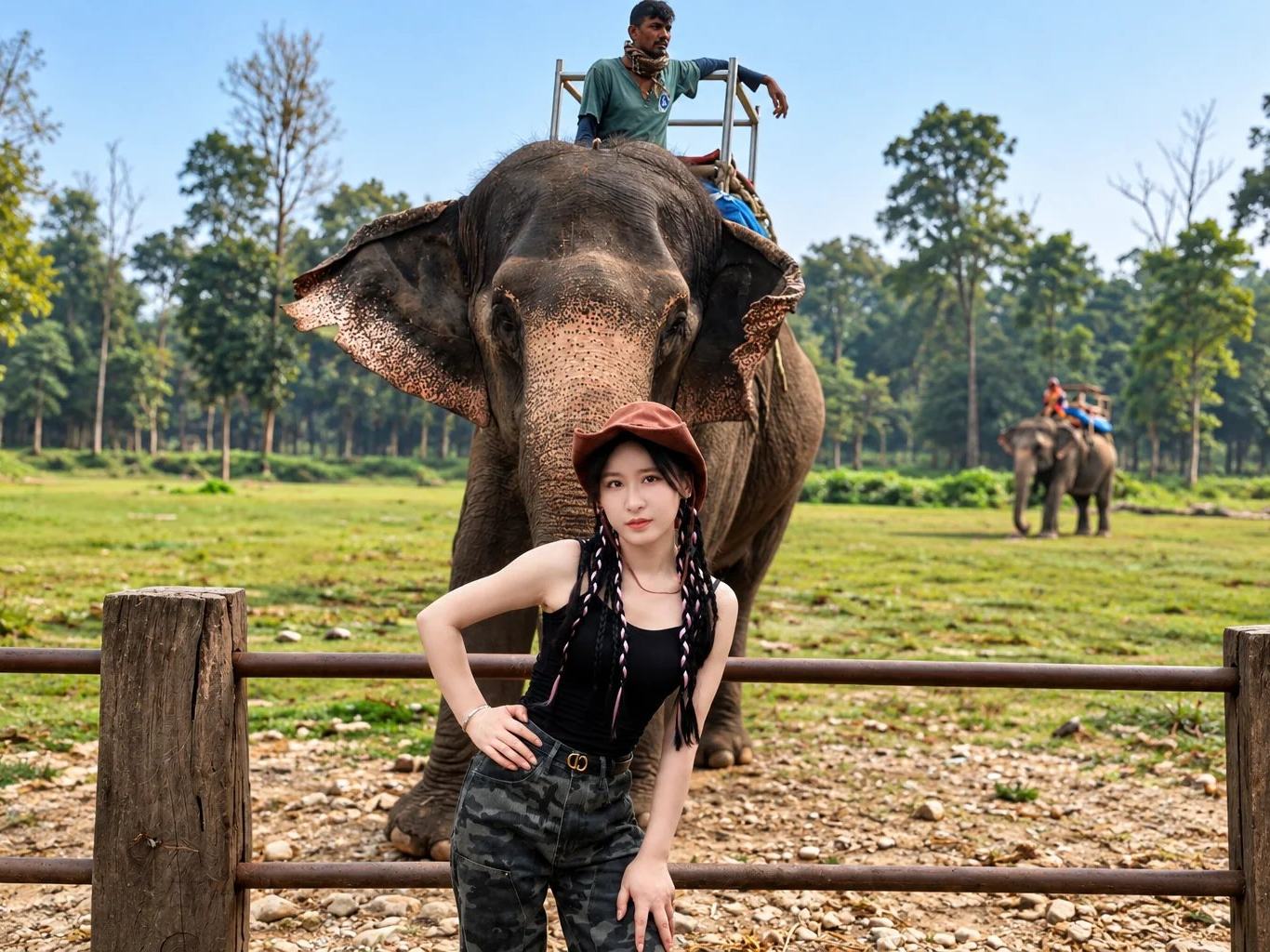 A traveller posing by the fence of an elephant camp near Chitwan National Park, Nepal