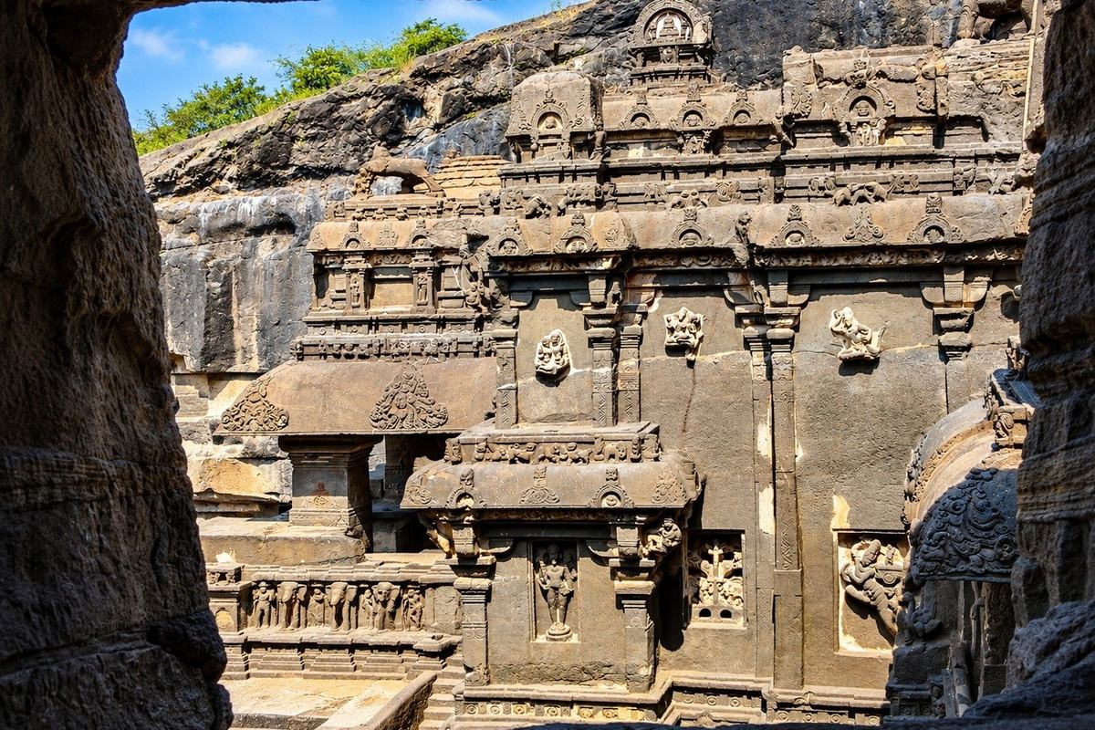 Kailasa temple framed by the rock