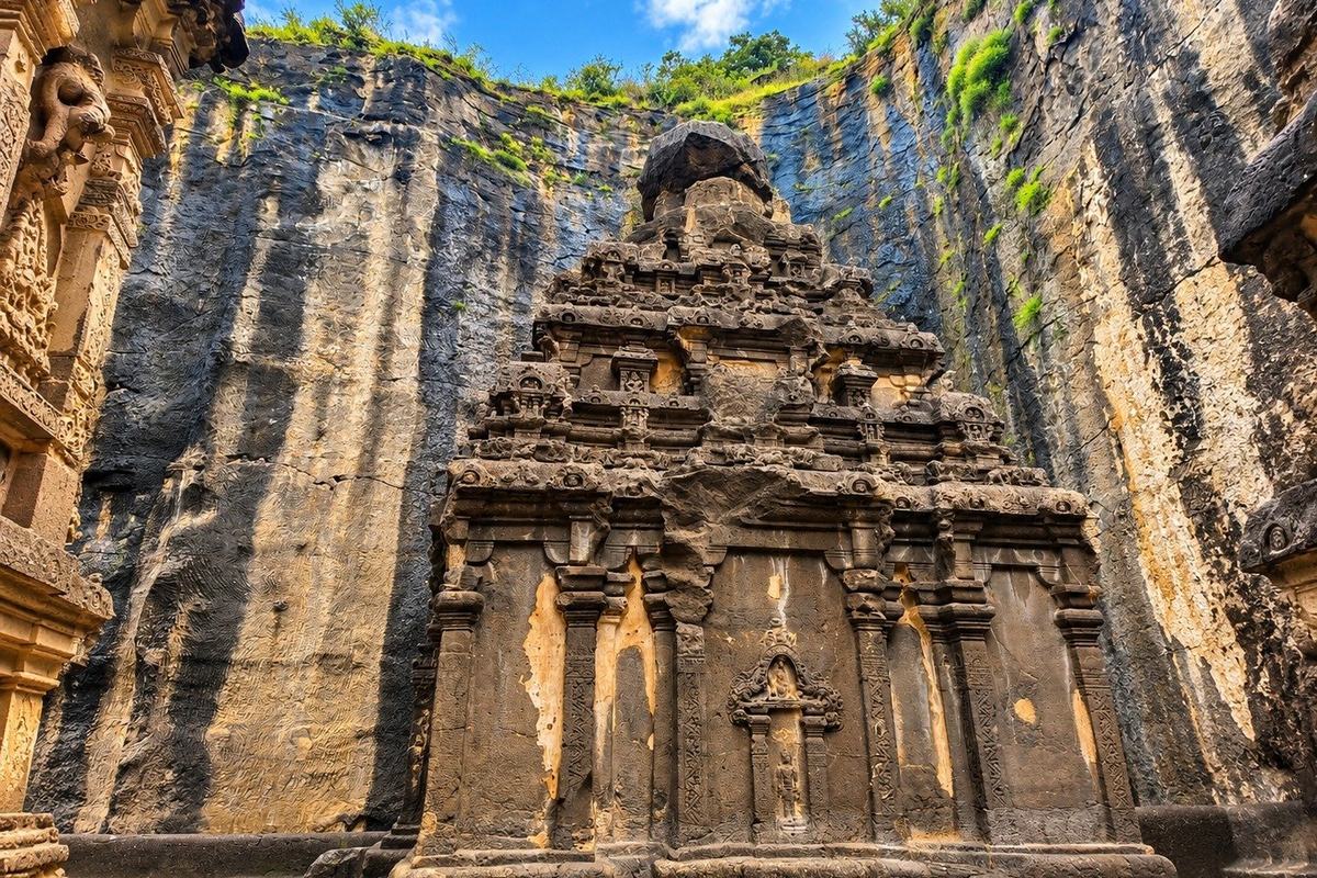 Kailasa shrine in the cliff courtyard