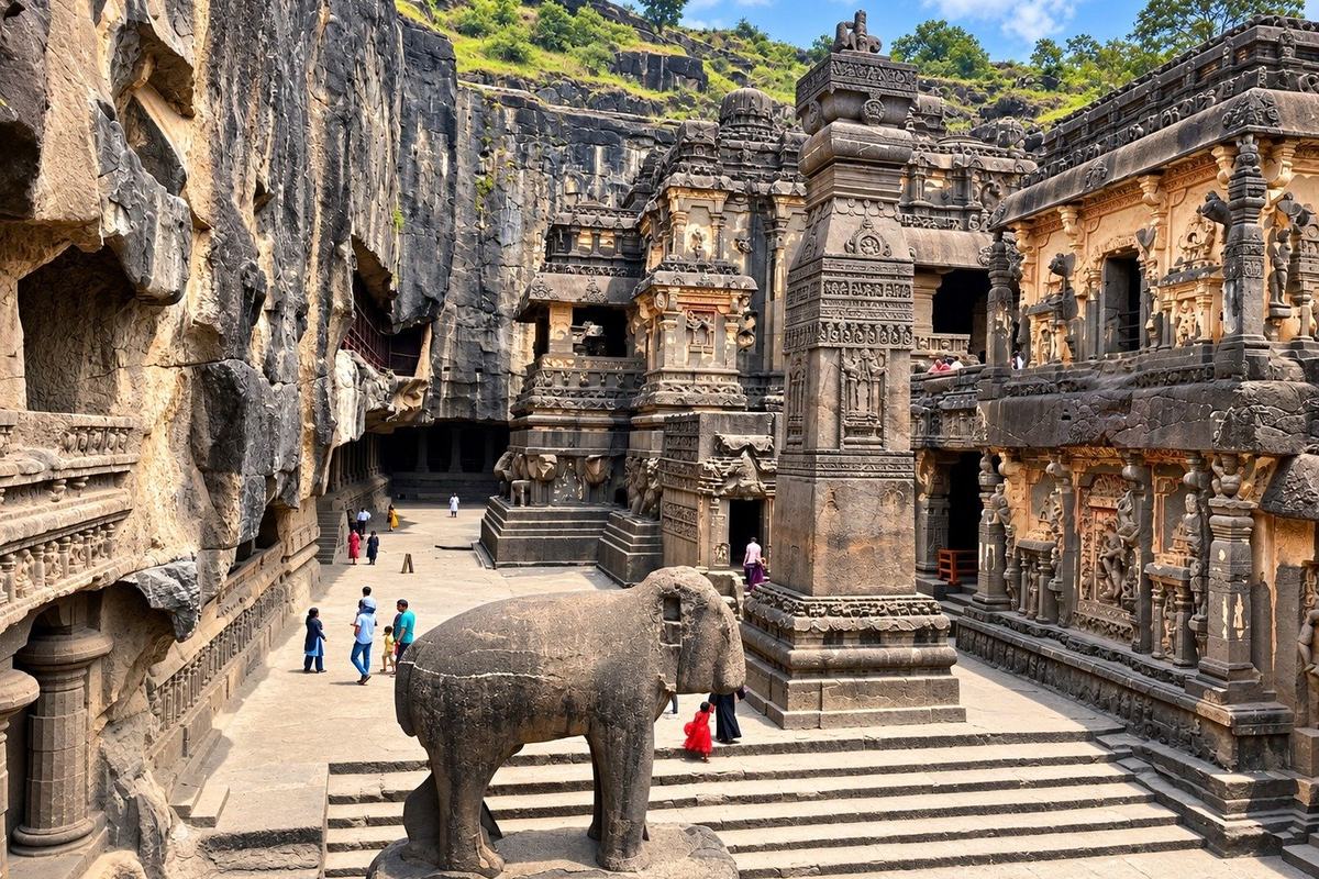 Kailasa temple with the stone elephant