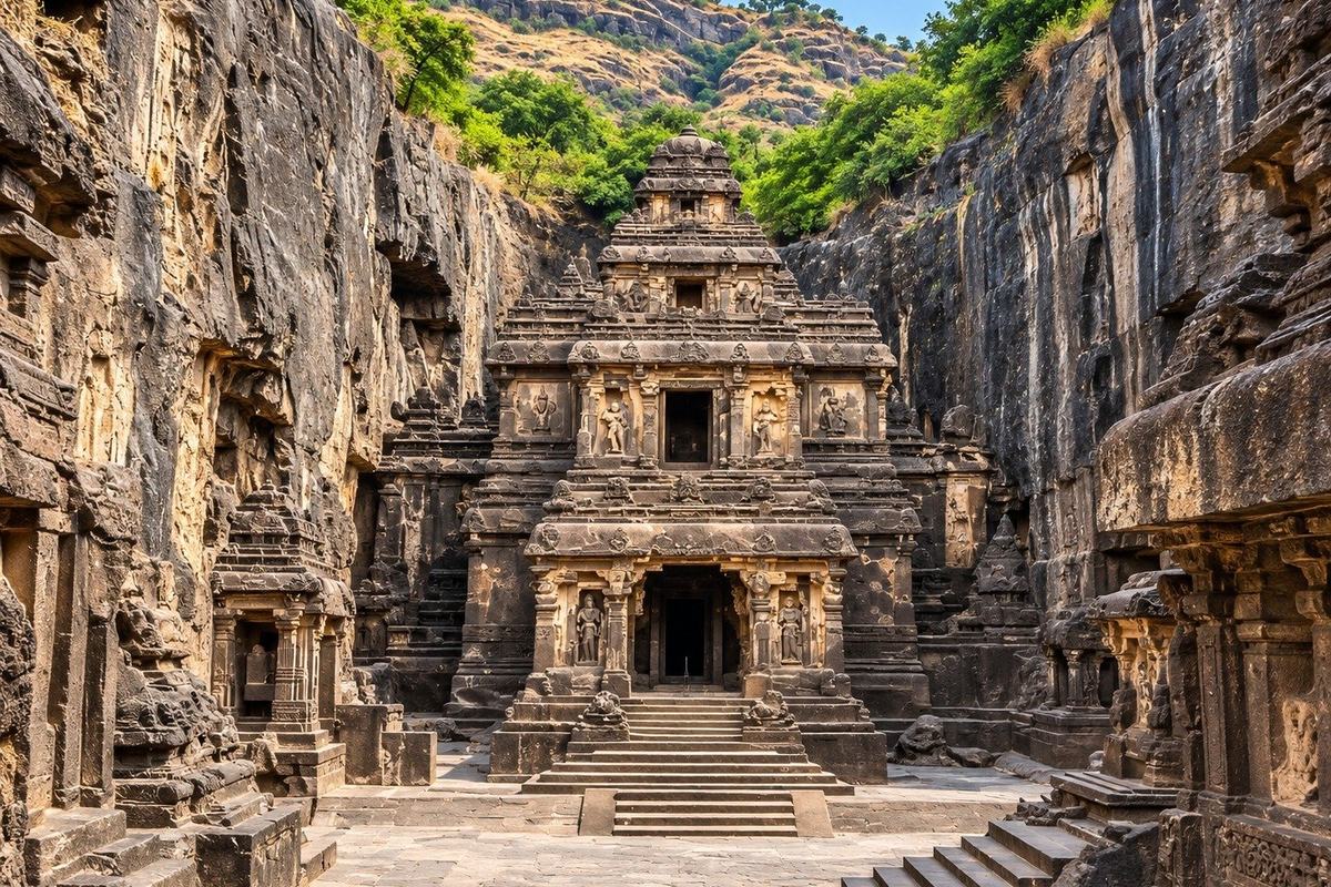Kailasa temple from the cliff edge