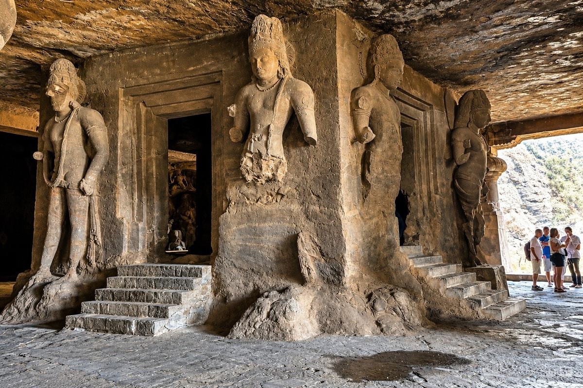 Rock cut shrine with guardian figures