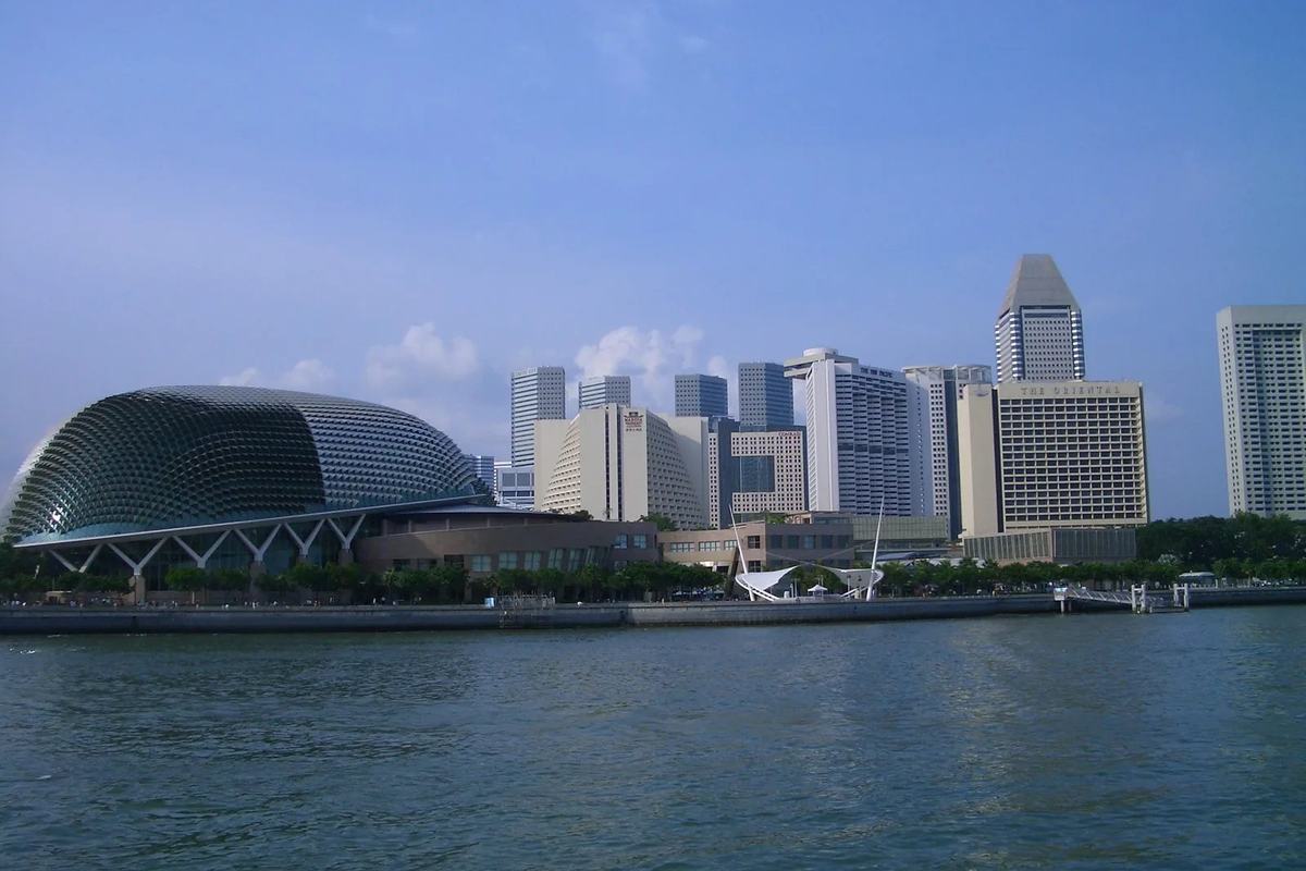 The spiked dome of Esplanade Theatres on the Bay on the Marina Bay waterfront, Singapore