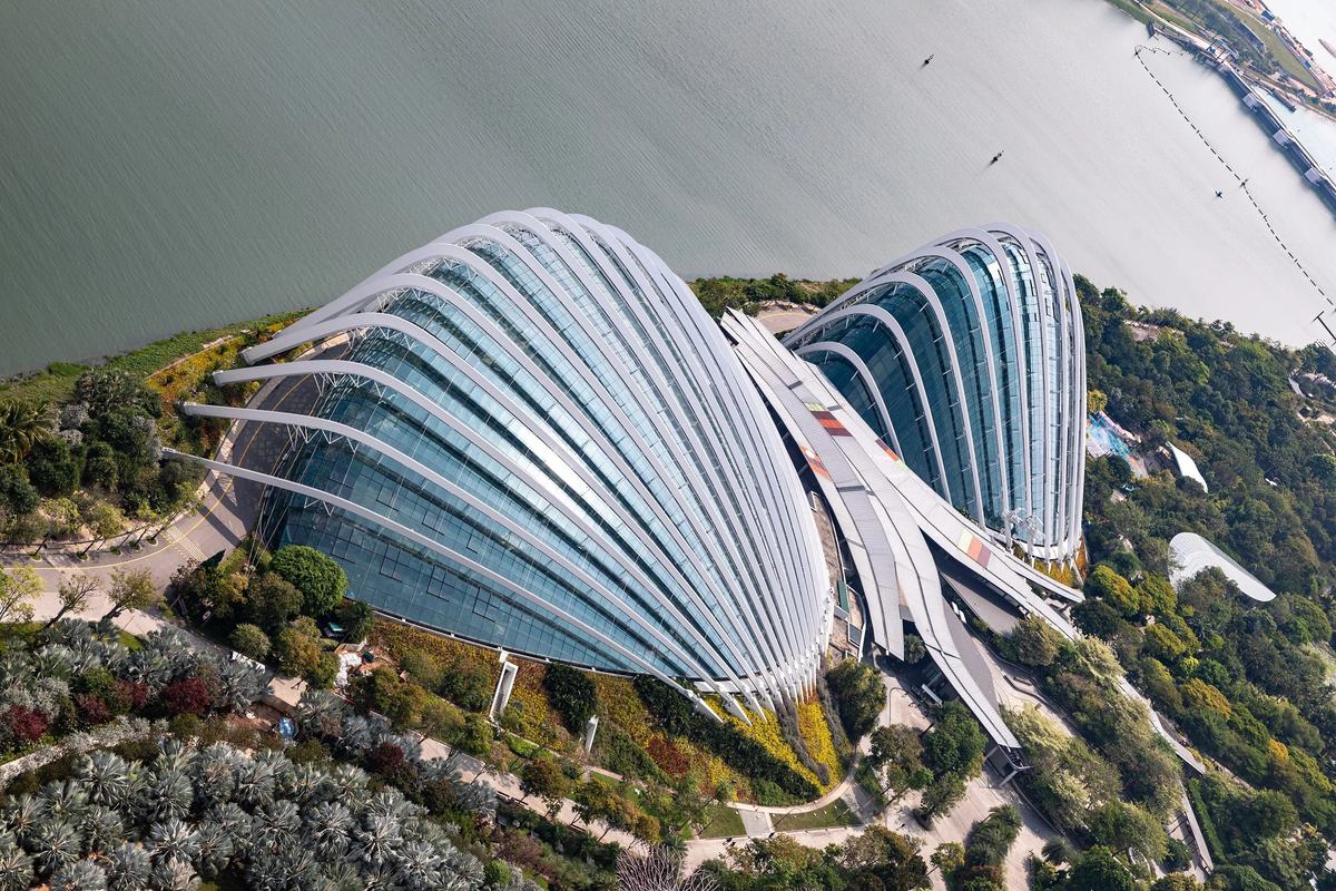 The Flower Dome and Cloud Forest conservatories at Gardens by the Bay from above, Singapore