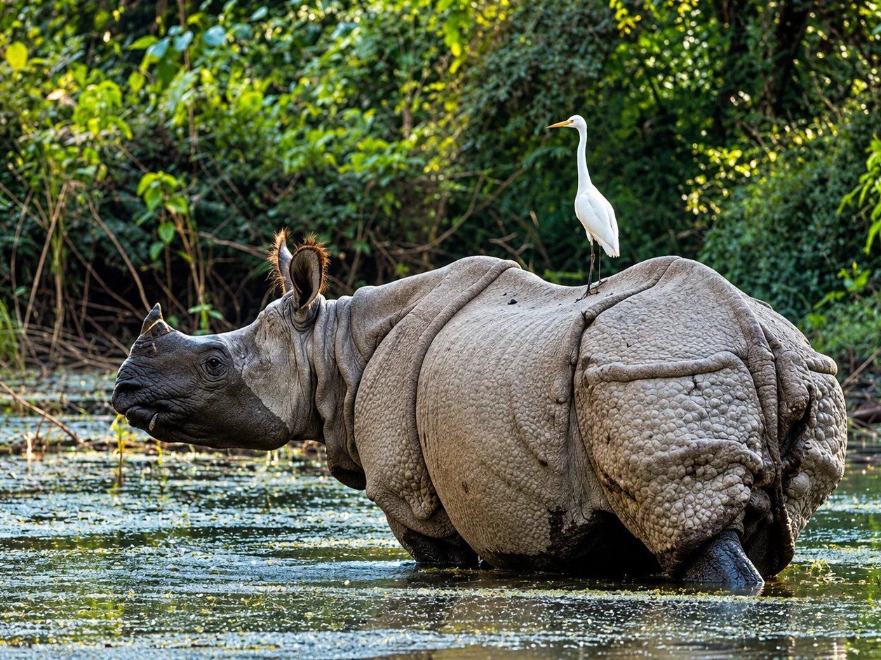 A greater one-horned rhino wading through a jungle wetland with a white egret perched on its back, Nepal