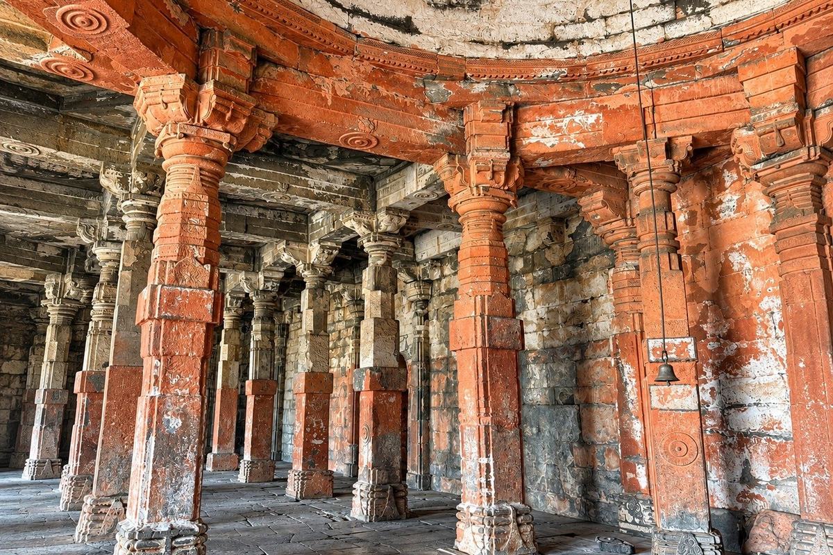 Temple pillared hall, the Grishneshwar Temple, India
