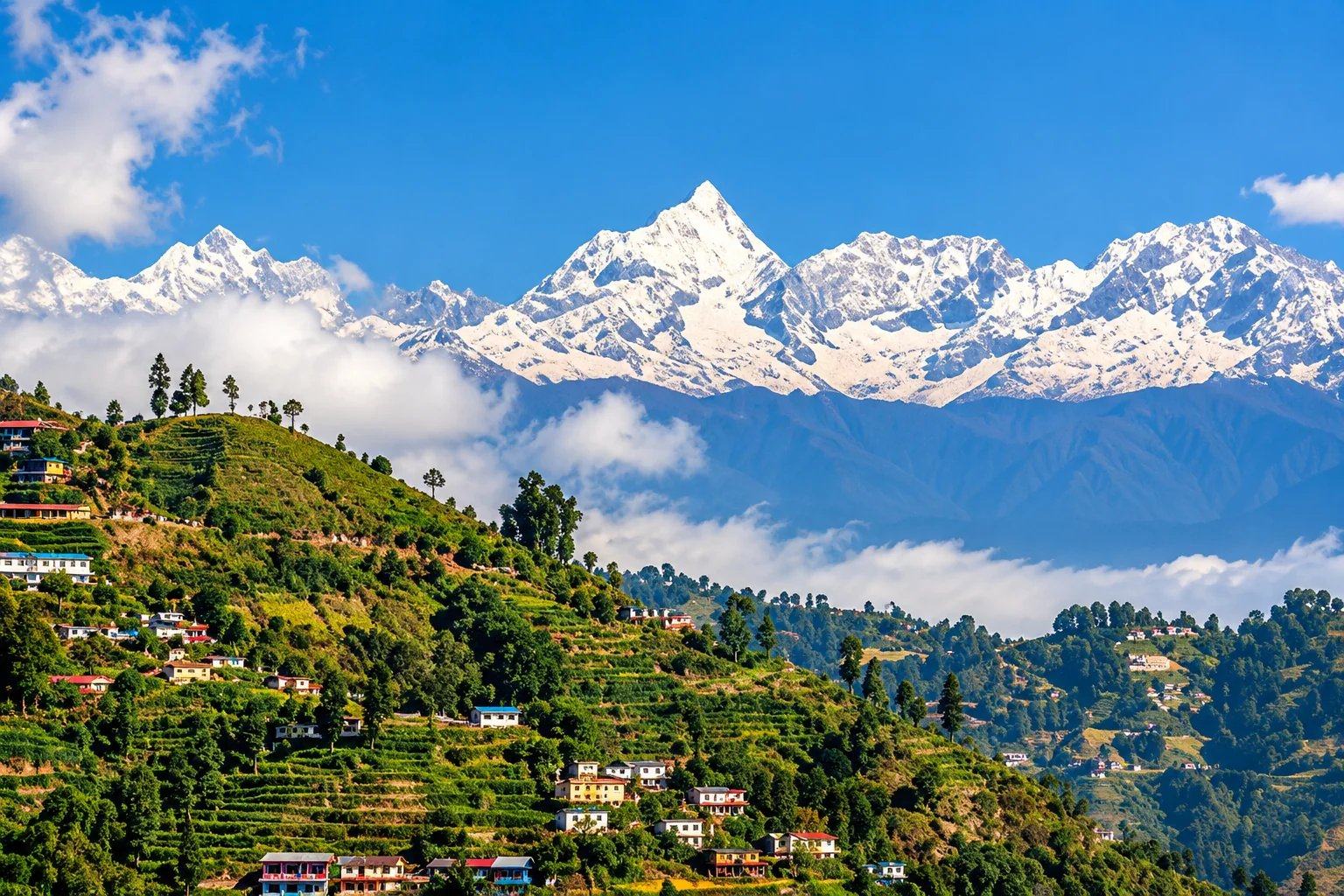 A terraced hill village on a green ridge below a line of snow-capped Himalayan peaks, Nepal