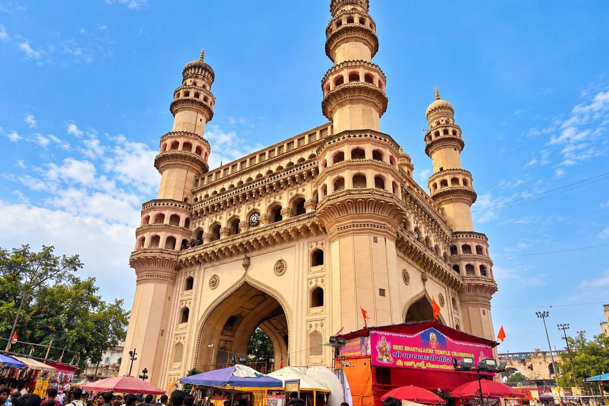 The Charminar above the market stalls, Hyderabad, India