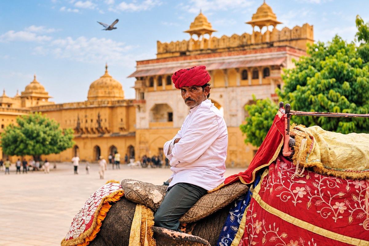 An elephant and its mahout at Amber Fort, Jaipur, India