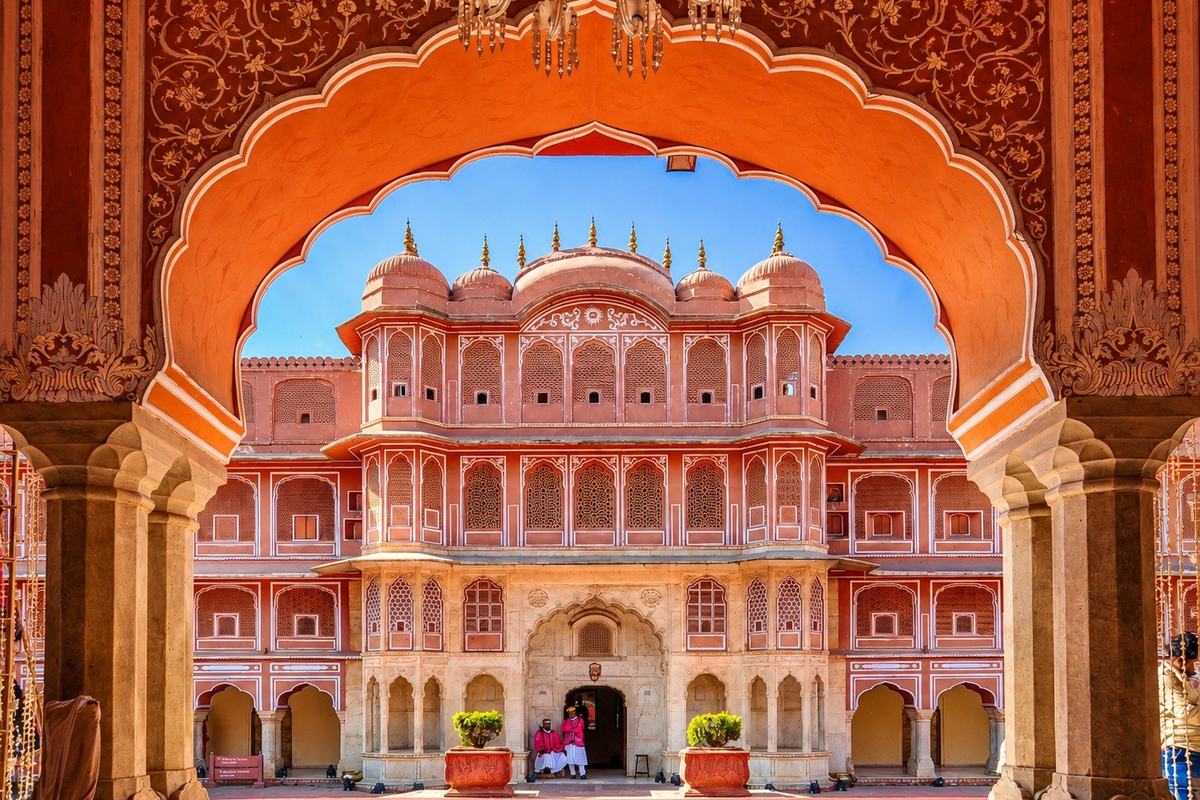 Jaipur City Palace through a scalloped arch, Jaipur, India