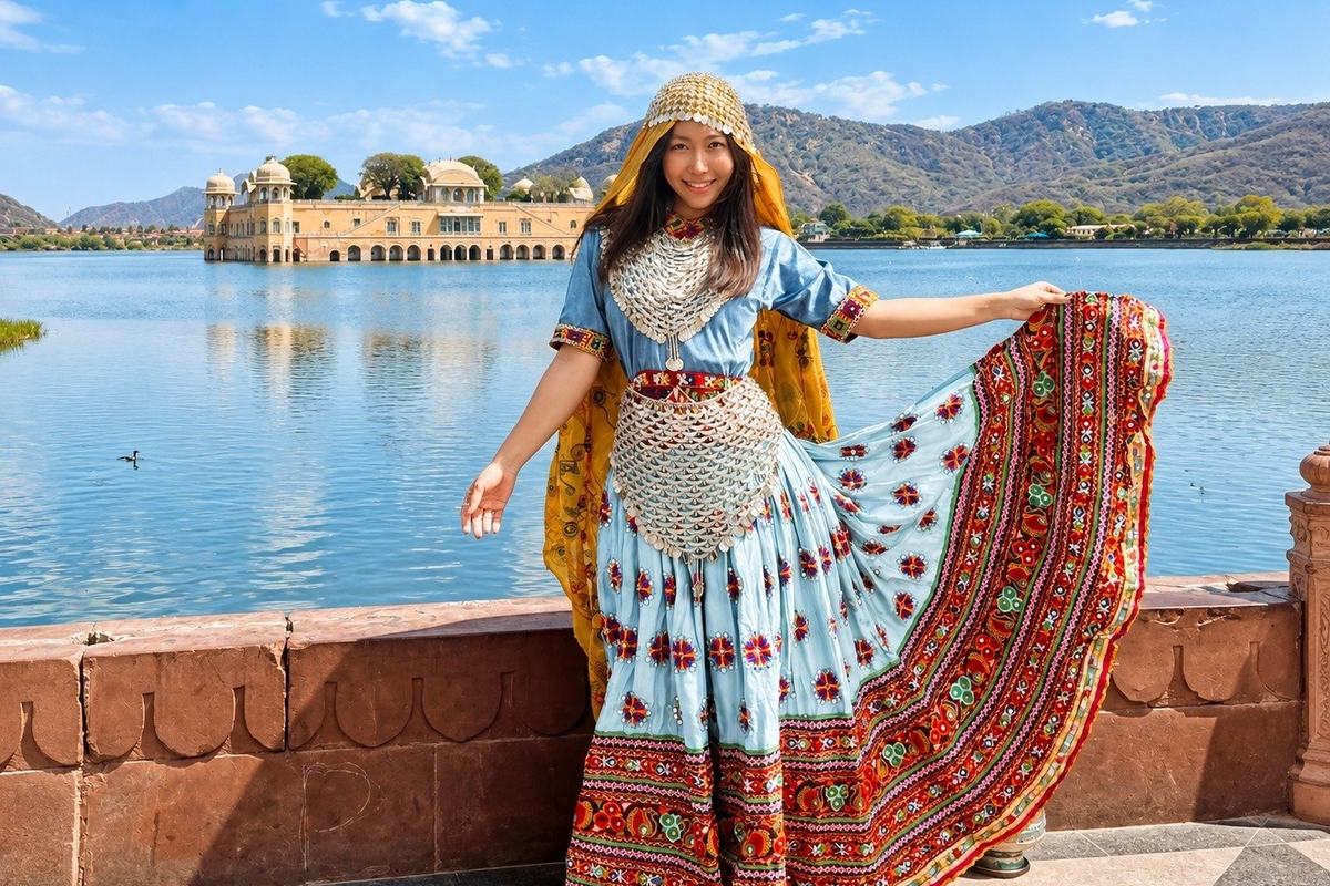 Traveller in traditional dress at Jal Mahal