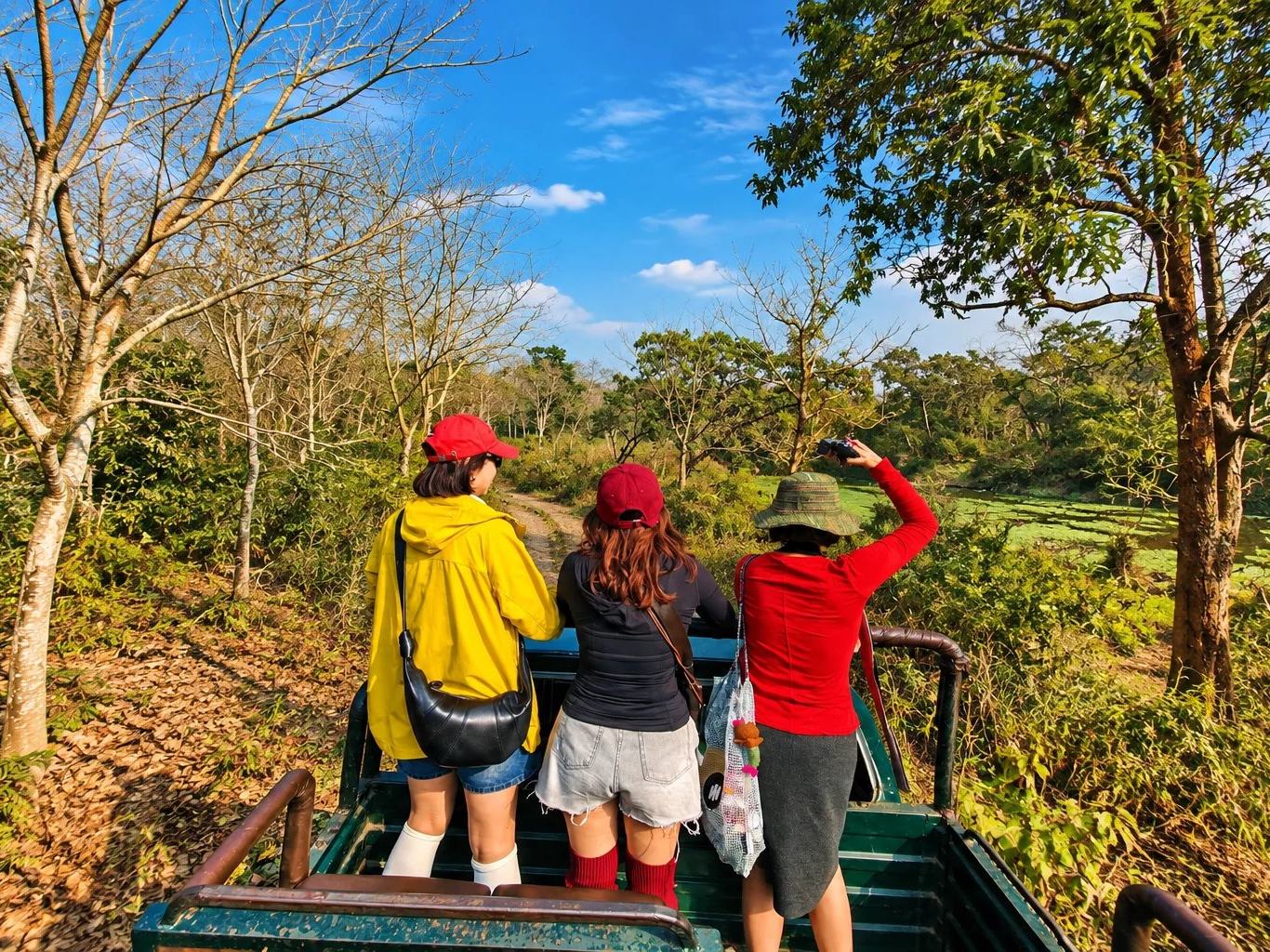 Travellers standing in a safari jeep on a forest track, Chitwan National Park, Nepal
