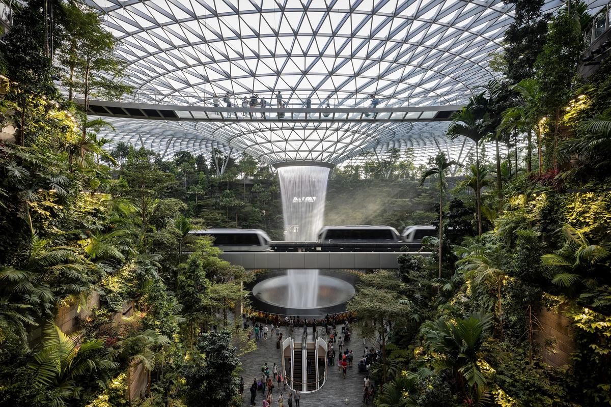 The Rain Vortex seen through the Shiseido Forest Valley at Jewel Changi Airport, Singapore