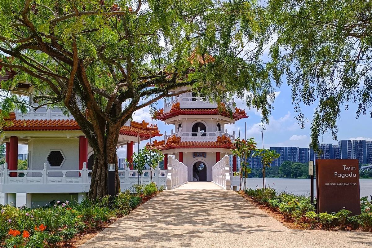 The Twin Pagoda by the lake at Jurong Lake Gardens, Singapore