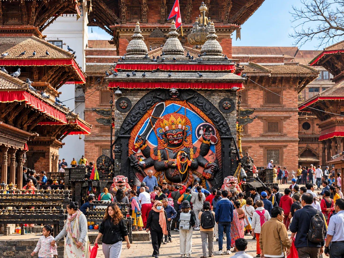 Crowds before the Kal Bhairav statue in Kathmandu Durbar Square, Nepal
