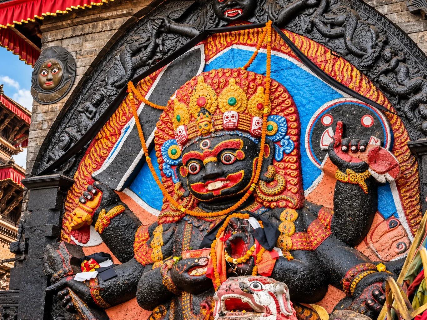 The brightly painted Kal Bhairav relief at Kathmandu Durbar Square, Nepal