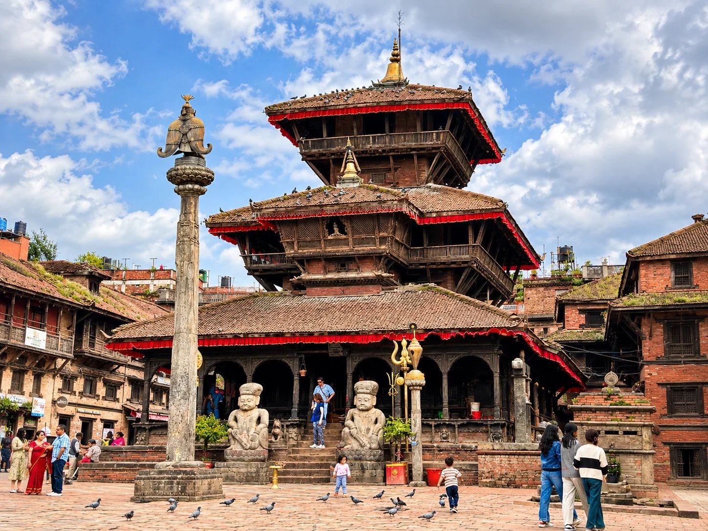 A tiered pagoda temple and stone pillar in a Durbar Square under blue skies, Kathmandu, Nepal