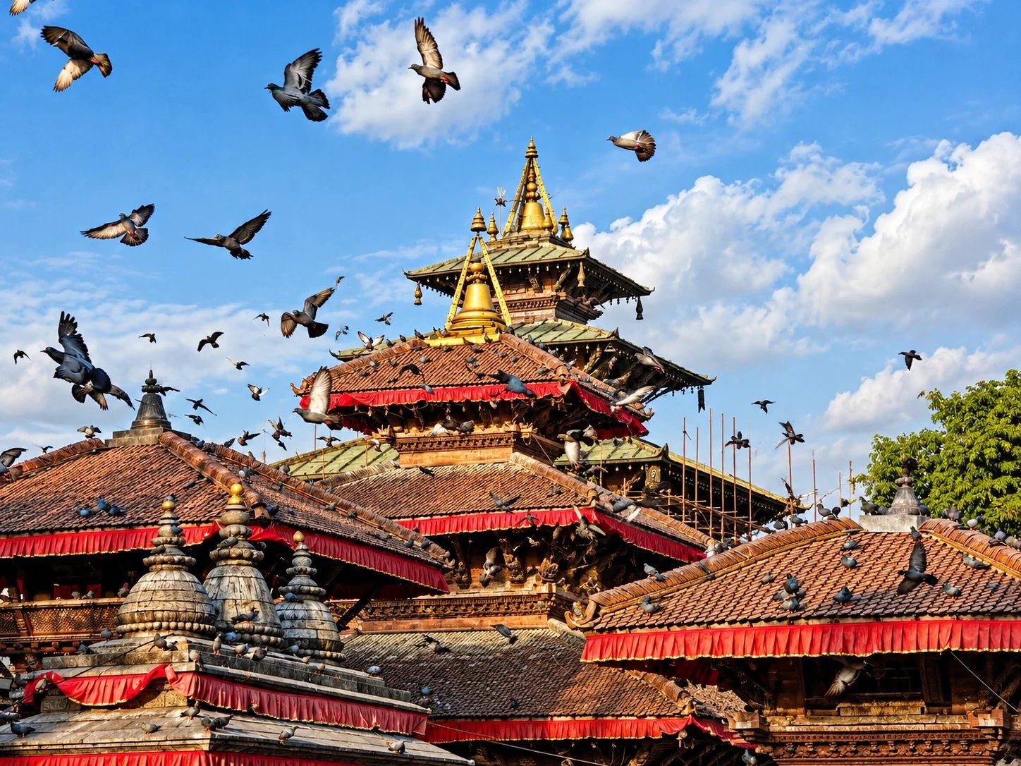 Pigeons in flight over a golden-roofed pagoda temple, Kathmandu Valley, Nepal