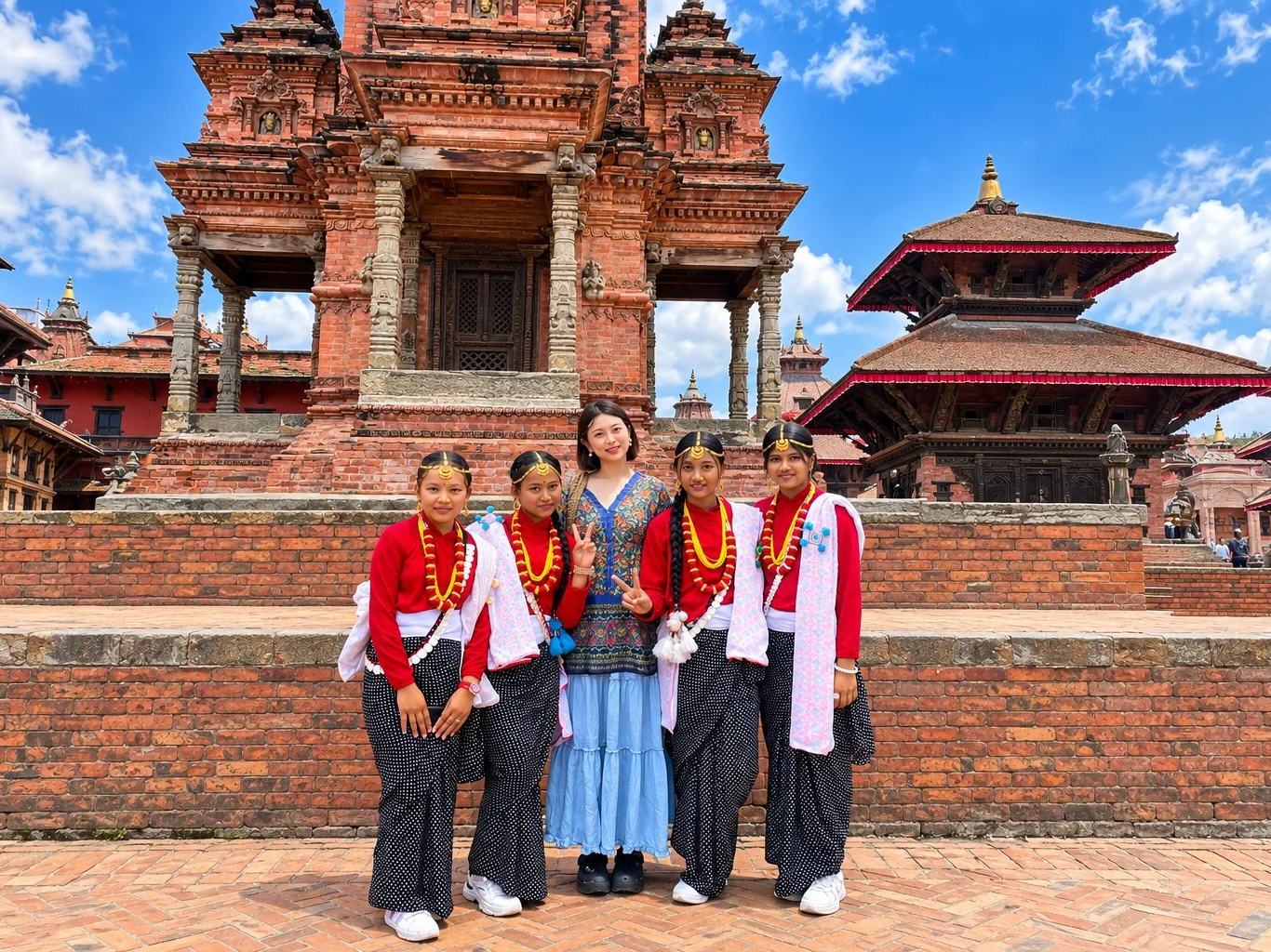 A traveller with girls in traditional dress before a brick temple in a Kathmandu Valley Durbar Square, Nepal