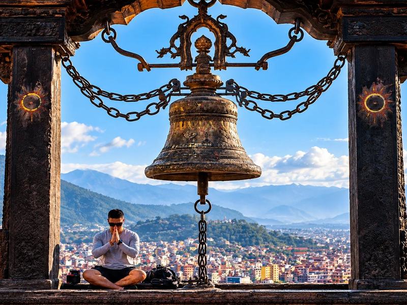 A guided yoga session in the hills, pitched at your own level.
