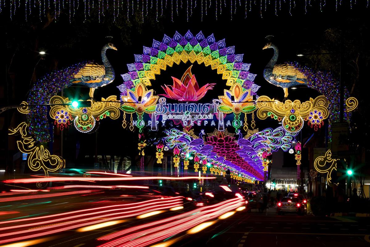 Deepavali street lights arching over Serangoon Road at night, Little India, Singapore