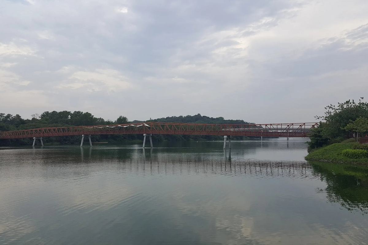 The red bridge across Serangoon Reservoir at Lorong Halus Wetland, Singapore