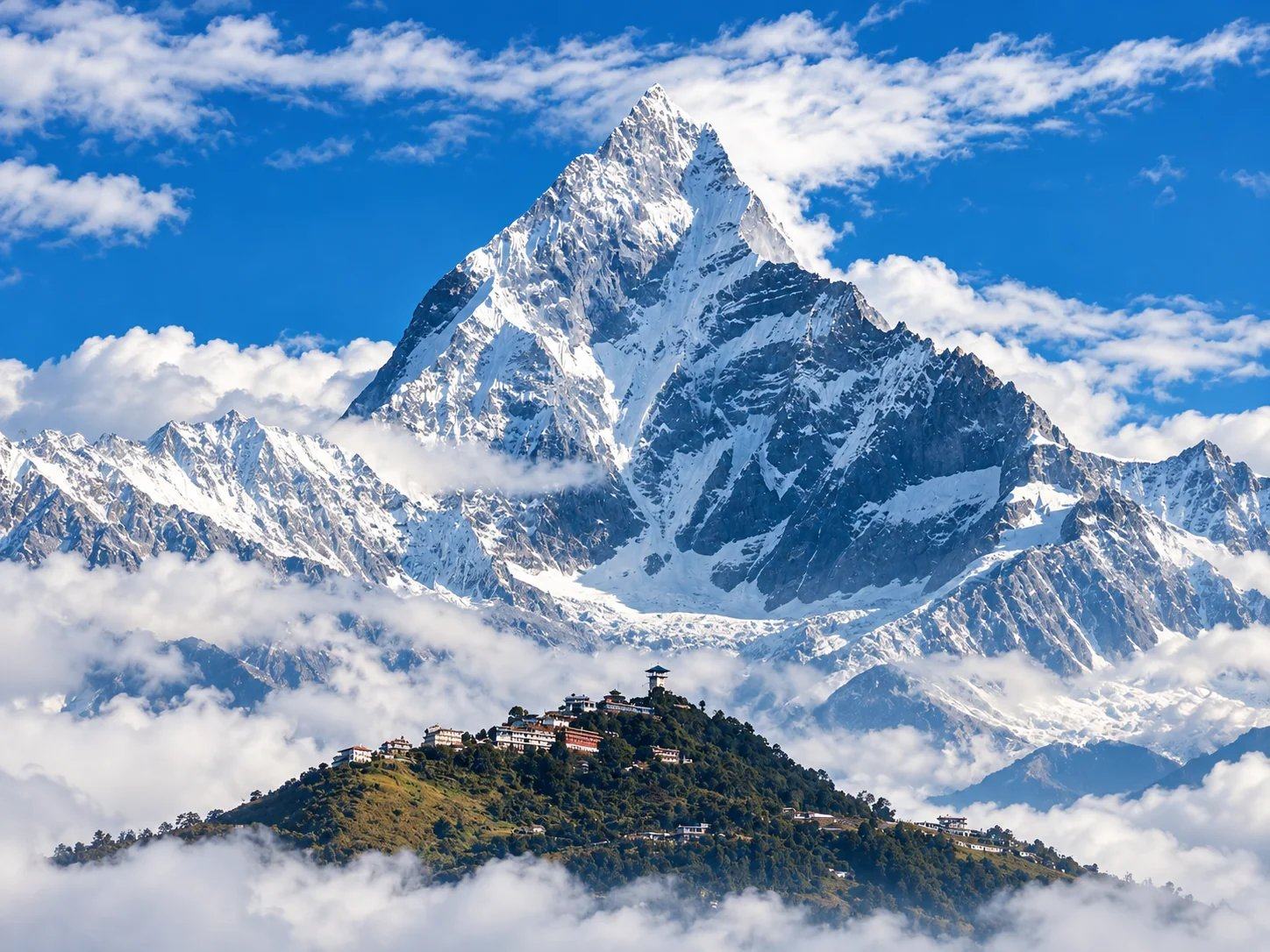 Machhapuchhre above a hilltop village rising out of the clouds, Annapurna region, Nepal