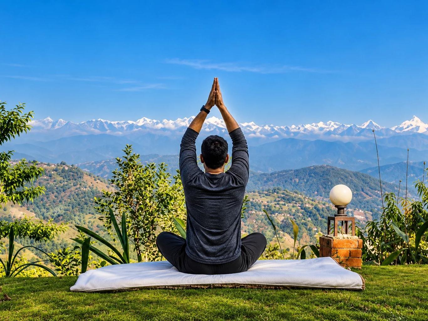 A traveller meditating cross-legged with hands joined overhead, facing snow-capped Himalayan peaks across green hills, Nepal