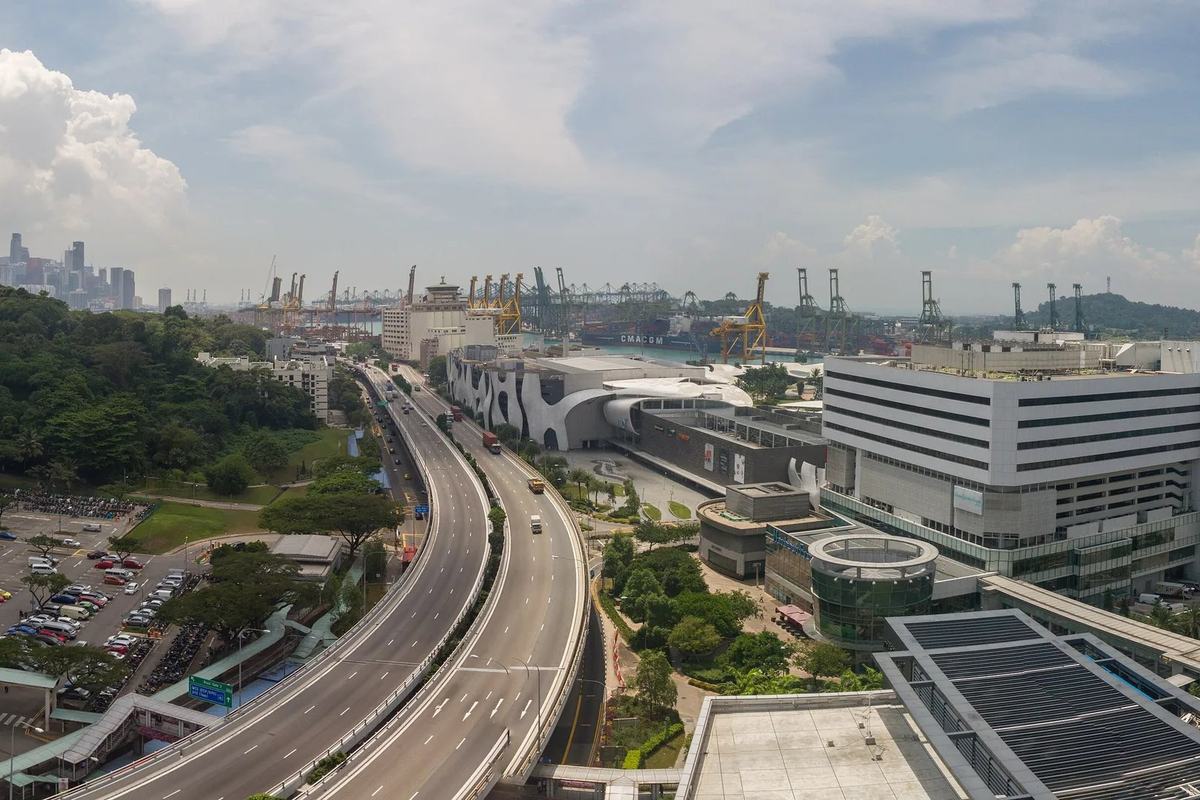 The view from Mount Faber over its forested slope, the expressway and the port, Singapore