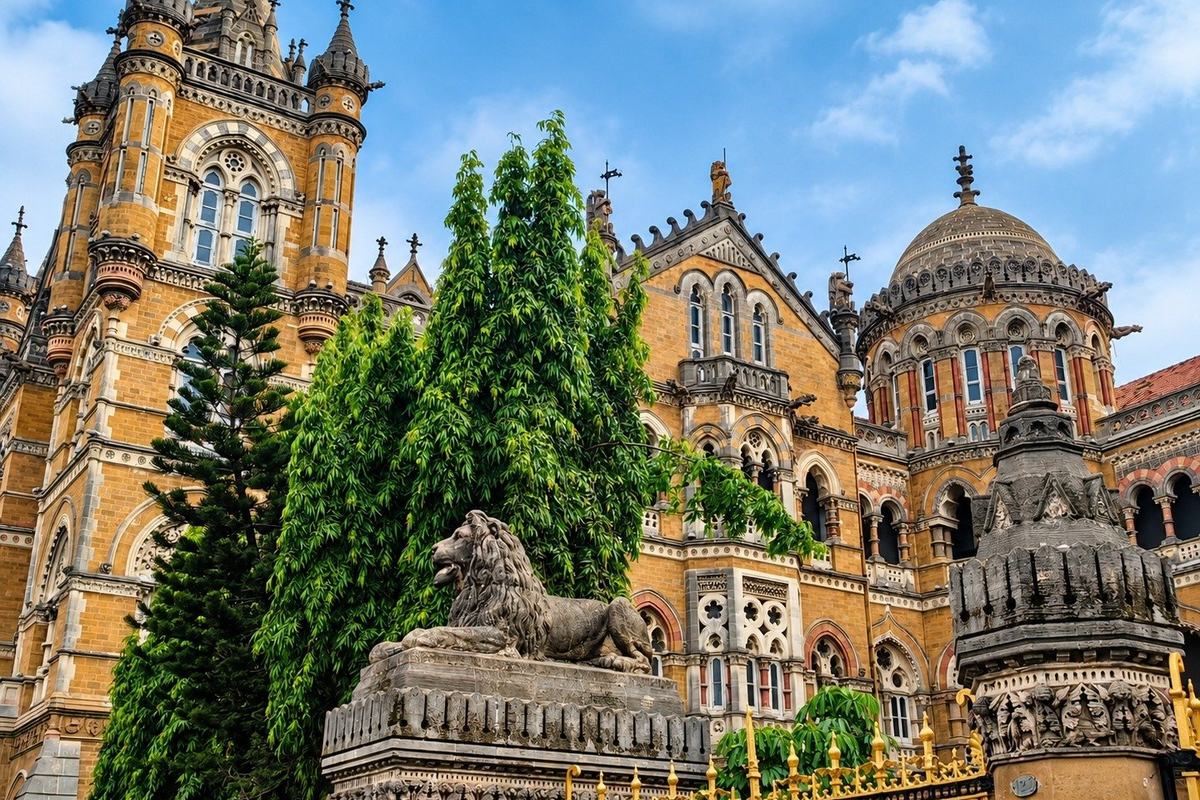 Chhatrapati Shivaji terminus with the stone lion, Mumbai, India