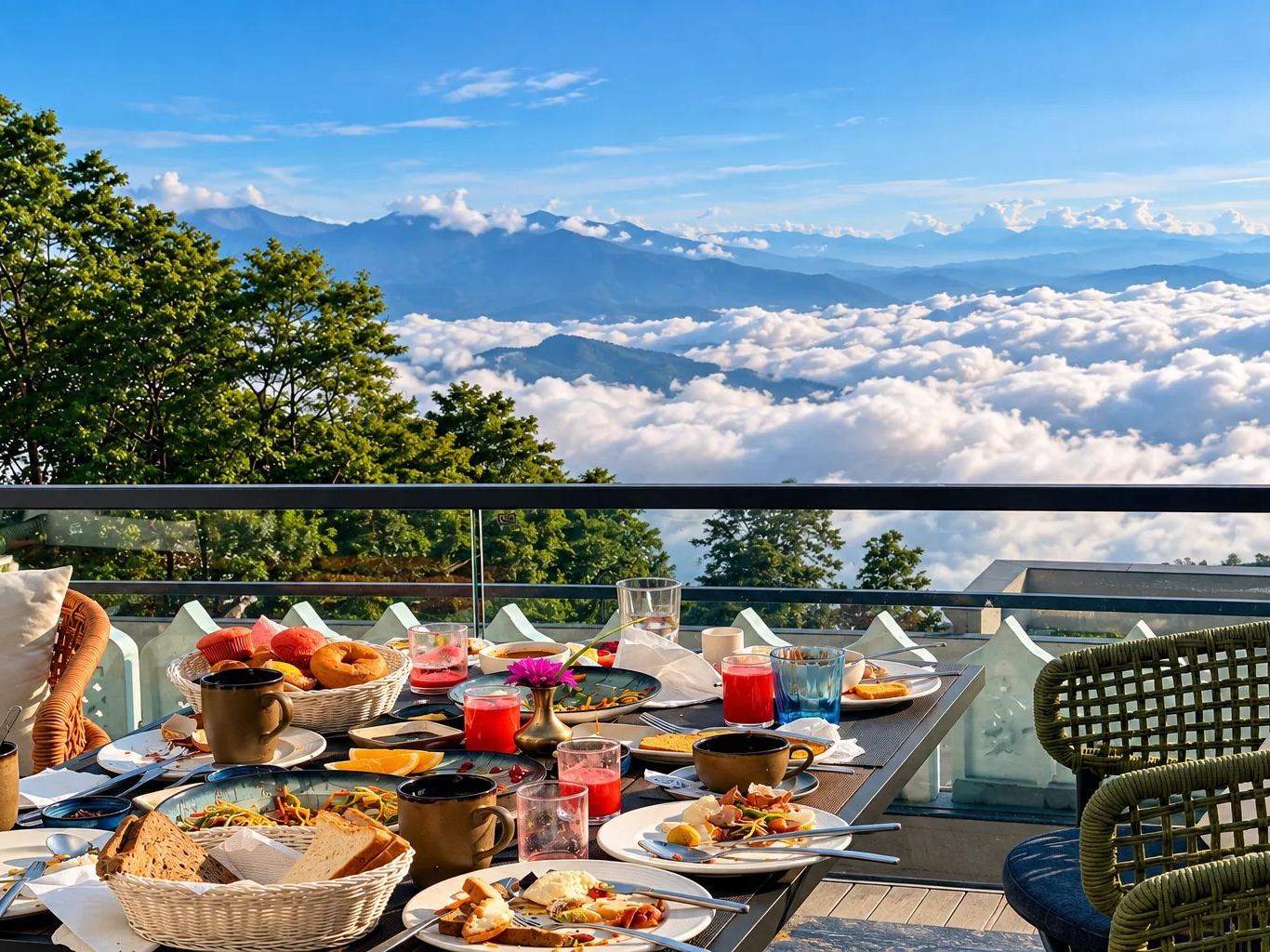 Breakfast on a hotel terrace above a sea of clouds with the Himalayas on the horizon, Nepal