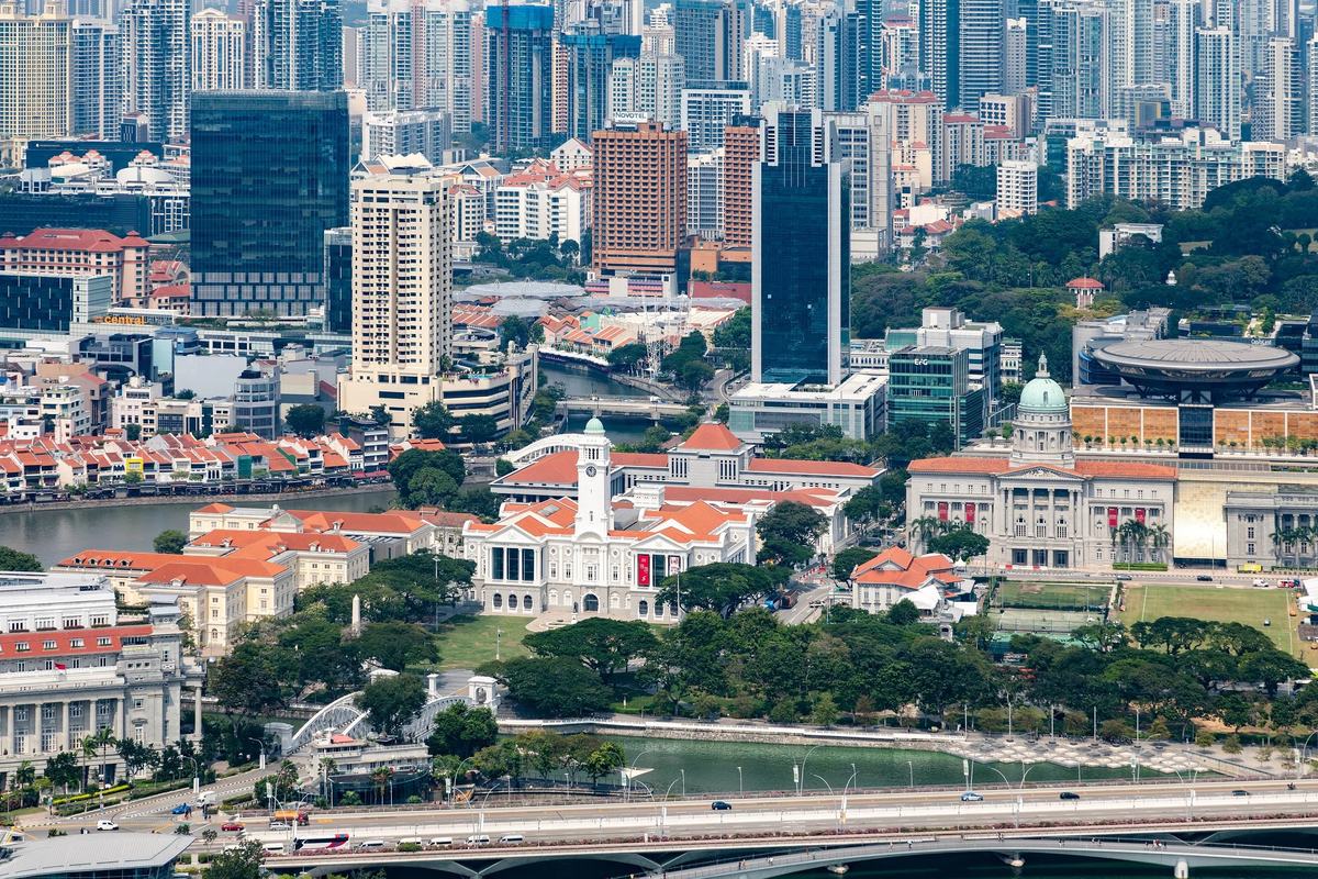 The National Gallery in the former Supreme Court and City Hall, seen from above the Padang, Singapore