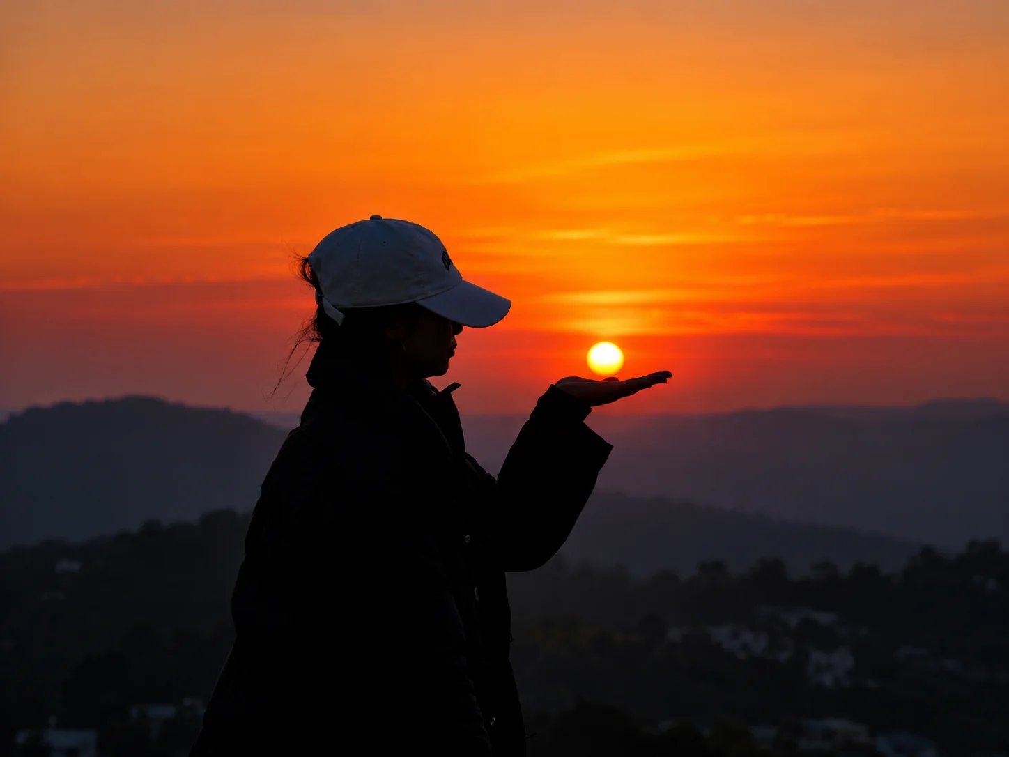 A traveller silhouetted against an orange sunset over the hills of Nepal